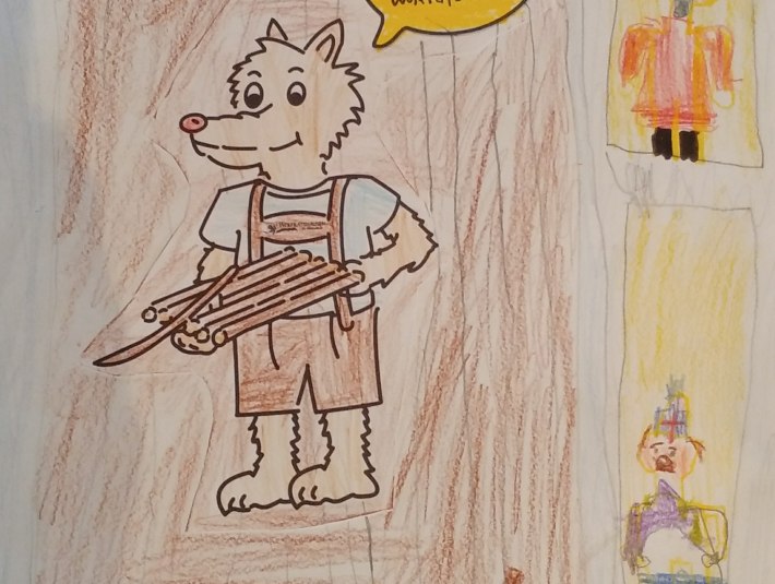 Eine Kinderzeichnung zeigt Wolfi auf einem Floß, © Stadt Wolfratshausen Eine Kinderzeichnung zeigt Wolfi auf einem Floß, © Stadt Wolfratshausen