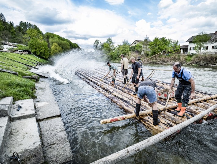 Das Bild zeigt Männer auf Stämmen im Wasser beim Bau eines Floßes. , © Stadt Wolfratshausen Foto: Adrian Greiter Das Bild zeigt Männer auf Stämmen im Wasser beim Bau eines Floßes. , © Stadt Wolfratshausen Foto: Adrian Greiter