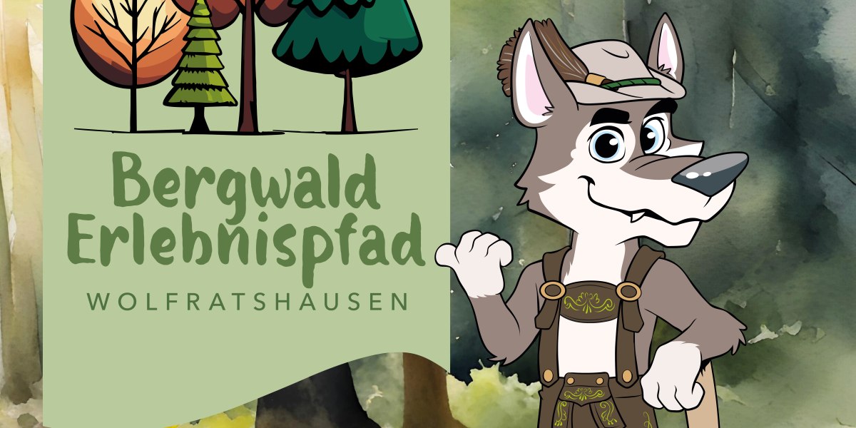 Eine gemalter Wolf lädt auf einem grünen Schild ein, in den Bergwald zu kommen., © Stadt Wolfratshausen Eine gemalter Wolf lädt auf einem grünen Schild ein, in den Bergwald zu kommen., © Stadt Wolfratshausen