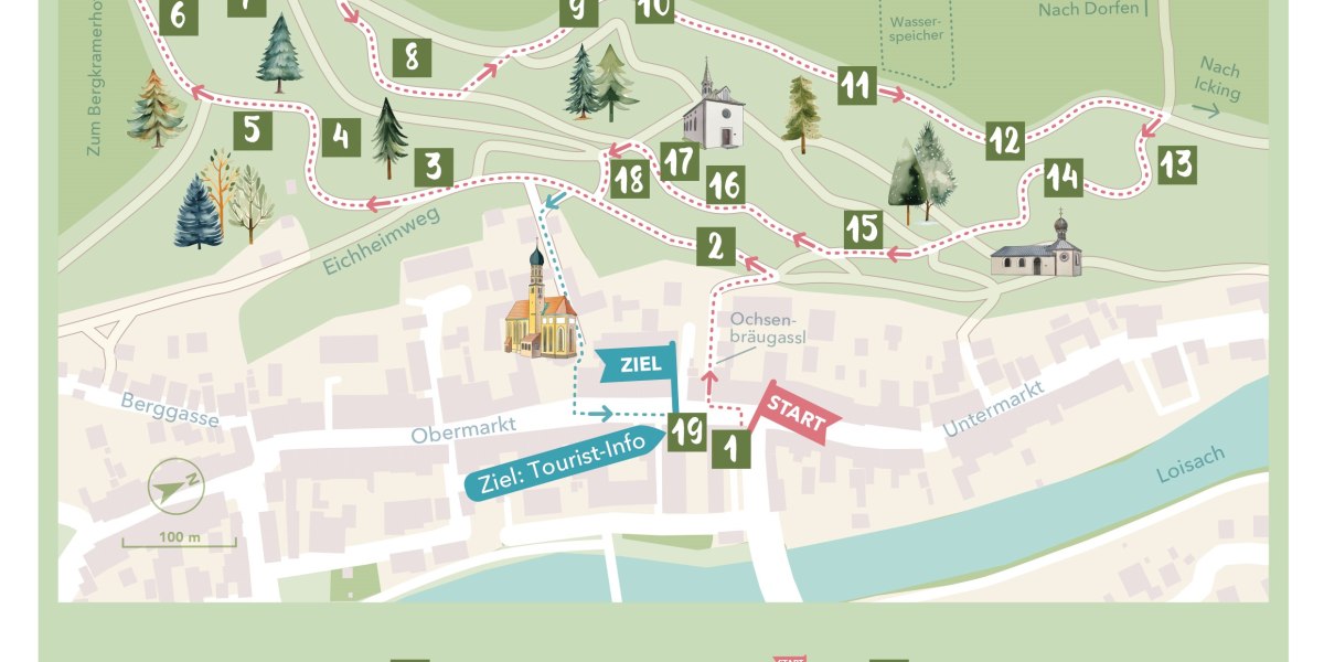 Ein Plan mit allen Stationen des Bergwald-Erlebnispfads inklusive einer Zeichenerklärung, © Stadt Wolfratshausen