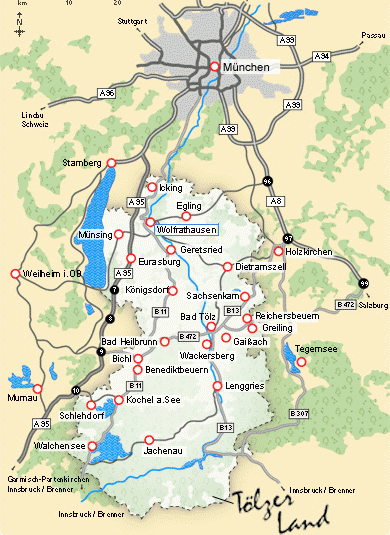 Die St&auml;dte und Gemeinden im T&ouml;lzer Land