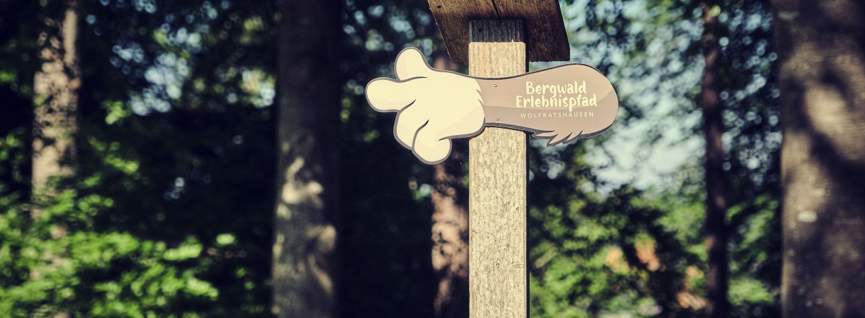 Das Hinweisschild zum Bergwalderlebnispfad an einem Baum. , © Stadt Wolfratshausen, Foto: Axel Pfeiler